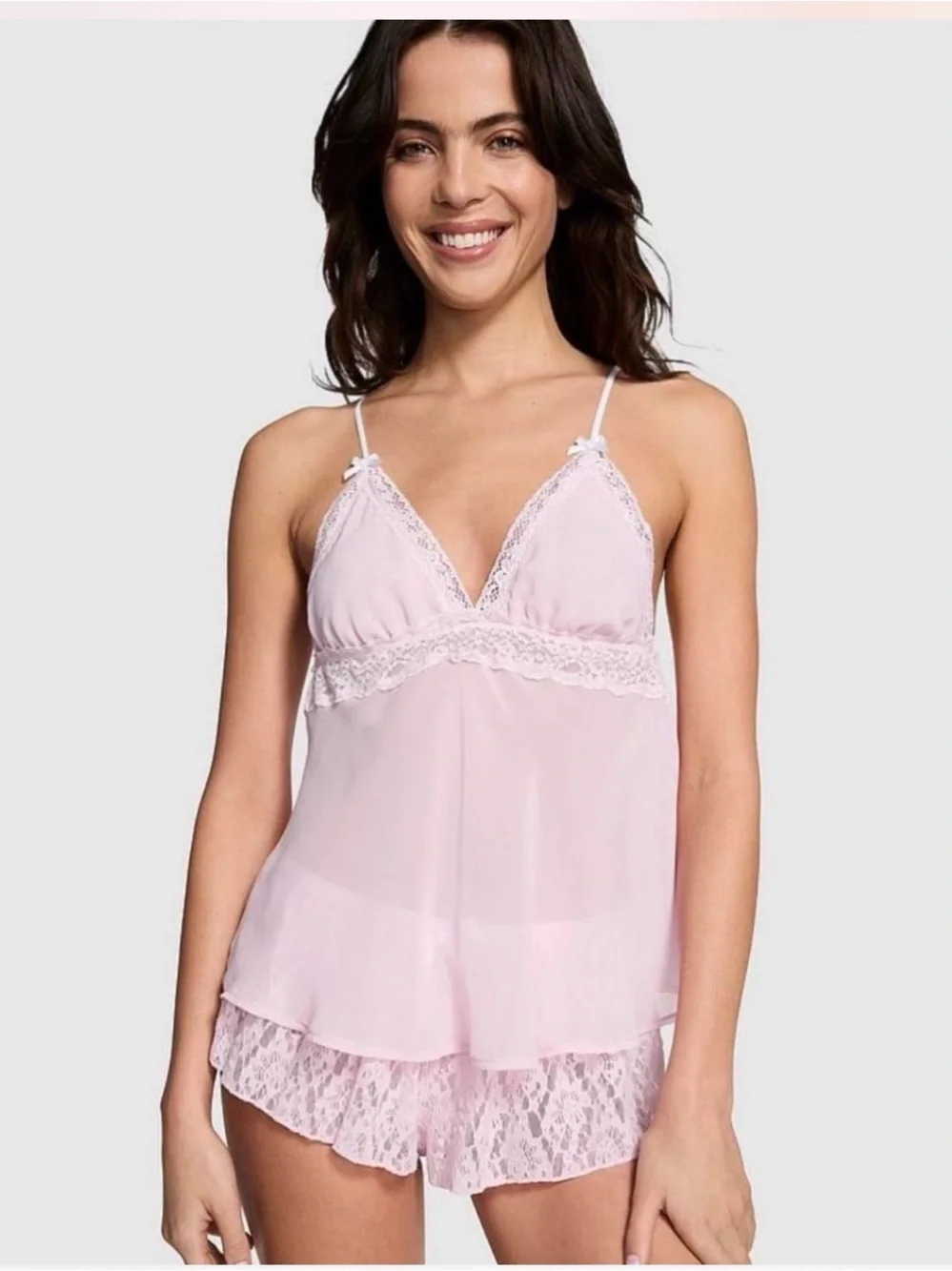 PINK Victoria's Secret Light Pink Lace-Trim Camisole & Shorts Set Size M